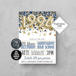 Navy Blue & Gold ANY YEAR High School College Reunion Template | High School Reunion, School Reunion, Class Reunion, Reunion Party