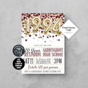 Maroon & Gold ANY YEAR High School College Reunion Template | High School Reunion, School Reunion, Class Reunion, Reunion Party