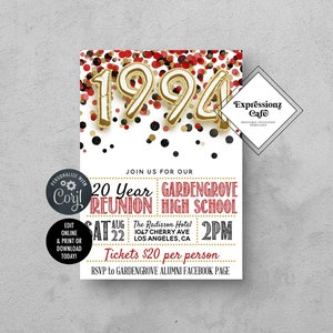 Red & Gold ANY YEAR High School College Reunion Template | High School Reunion, School Reunion, Class Reunion, Reunion Party