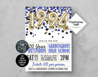 Blue & Gold School Reunion Invitation Template (Digital Download)