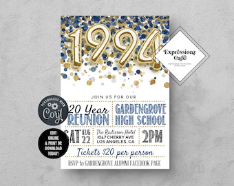 Navy Blau & Gold Einladungsvorlage zum Schultreffen (Digitaler Download)
