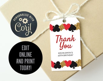 May include: White thank you gift tag with red and black playing card symbols and gold foil accents. The text reads "Thank You Kevin Smith's 40th Birthday".