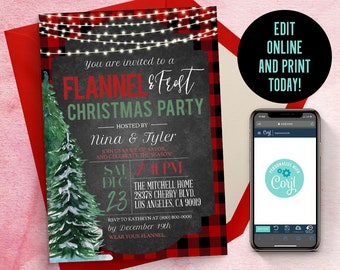May include: A Christmas party invitation with a flannel and frost theme. The invitation features a watercolor Christmas tree, string lights, and the text "FLANNEL & FROST CHRISTMAS PARTY". A smartphone displays a website with a design tool.