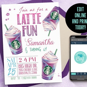 Editable Latte Invitation | Unicorn Invitation, Coffee Invitation, Cafe Invitation, Latte Fun Invitation, Coffee Invite