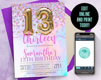 May include: A birthday invitation card featuring gold foil balloon numbers 13, pink and purple confetti, and the text Samantha's 13th Birthday. A smartphone displays the Corjl editing interface, and a black circle contains the text EDIT ONLINE AND PRINT TODAY!