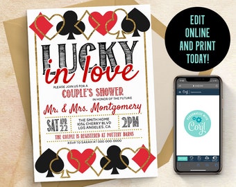 Editable Poker Couple&#39;s Shower Invitation Template | Casino Invitation, Lucky in Love Invite, Lucky in Love Shower, Lucky Bridal Shower