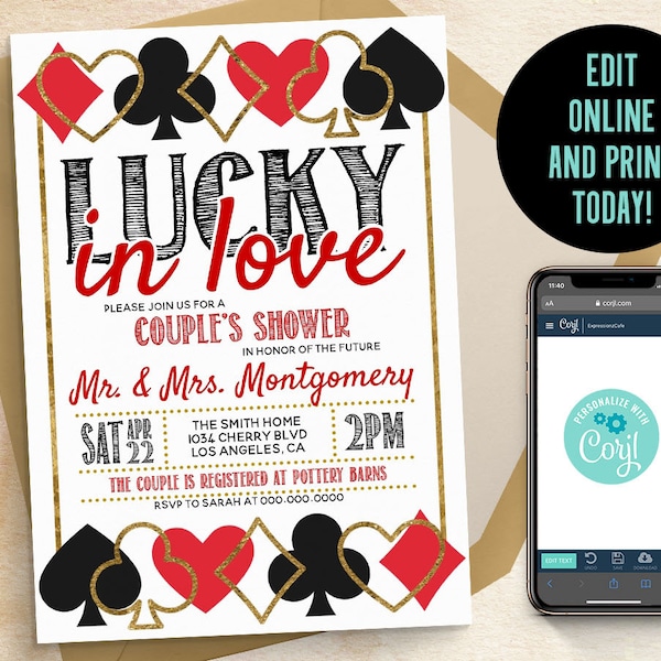 Invito per la festa di coppia a tema poker: Fortunati in amore, tema casinò (modello digitale modificabile)