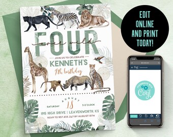 Four Ever Wild Birthday Invitation | Ever Wild Invite, Safari 4th Birthday, Zoo Party Invite, Wild Animal Invite, Zoo Animal Invite