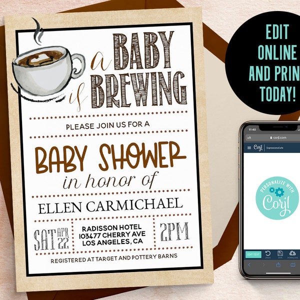 Editable A Baby is Brewing Shower Invitation | Coffee Invitation, Coffee Shower Invite, Brewing Baby Shower, Brewing Invitation