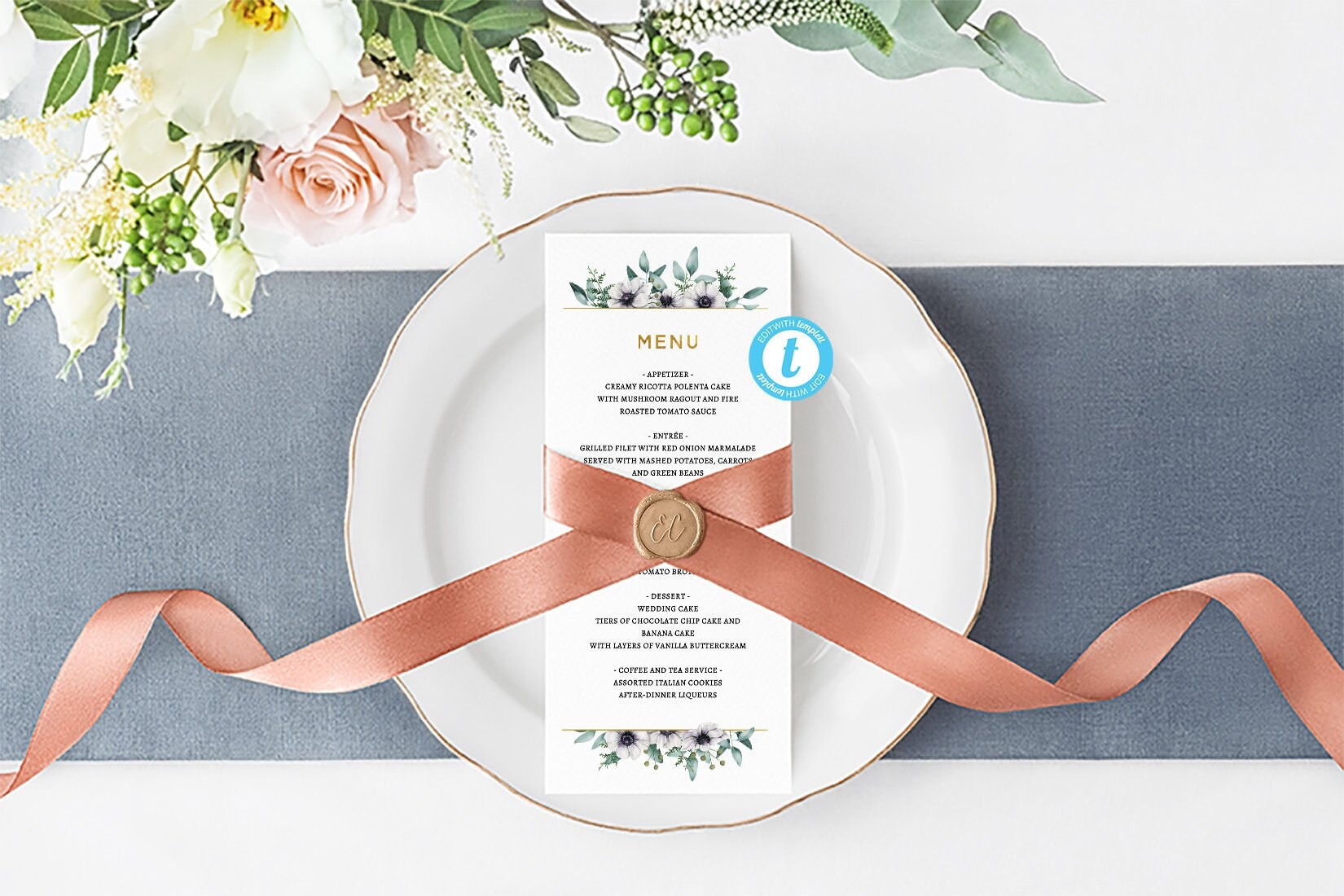 Editable Dinner Menu Eucalyptus Gold Cheap Wedding Menu Etsy
