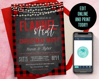 May include: A rectangular party invitation with a red and black buffalo plaid border and a dark chalkboard-style center. The text reads Flannel and Frost Christmas Party, hosted by Nina and Tyler, with event details and a string of white fairy lights.