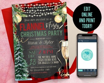 May include: A Christmas party invitation template featuring a black chalkboard background with red and black plaid borders, decorated with pine branches, gold ornaments, and string lights. The text reads Flannel & Fizz Christmas Party.