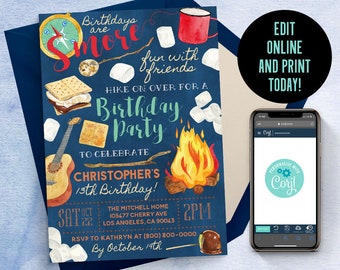May include: A dark blue birthday party invitation featuring watercolor illustrations of a campfire, s'mores, a guitar, and a compass. The text reads Birthdays are S'more fun with friends, Hike on over for a Birthday Party to celebrate Christopher's 13th Birthday, and includes event details. A smartphone displays the Corjl editing interface.