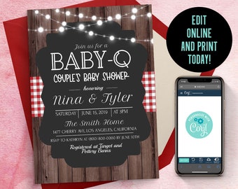 May include: A rectangular invitation card with a dark wood background, white string lights, and red and white checkered accents. The text reads Baby-Q Couple's Baby Shower, honoring Nina and Tyler, Saturday June 15, 2019 at 3PM. A smartphone displays the editing interface.