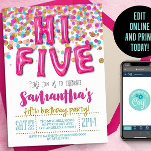 Hi Five Birthday Invitation | Hi Five Invitation, 5th Invitation, 5th Birthday Invitation, Balloon Invitation, Editable Template