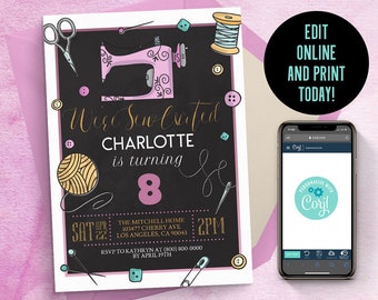 May include: A birthday party invitation with a sewing theme. The invitation features a pink sewing machine, scissors, buttons, and a spool of thread on a black background. The text reads "Wise Sew Created" and "Charlotte is turning 8".