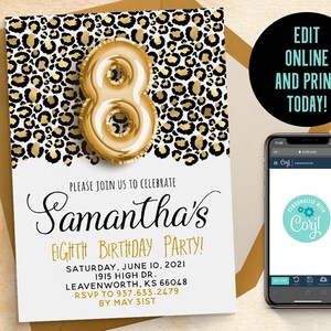 8th Birthday Leopard Invitation | Gold Animal Invite, Leopard Invite, Animal Print Invite, Mobile Invitation, Corjl Invitation