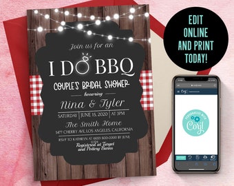 May include: A rectangular invitation card featuring a dark wood background with string lights, a black central panel, and red and white checkered accents. The text reads I DO BBQ, COUPLE'S BRIDAL SHOWER, honoring Nina & Tyler, Saturday June 15, 2020.