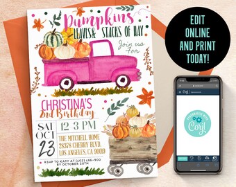May include: A rectangular invitation card featuring a pink truck carrying pumpkins, a wooden wagon with pumpkins, and autumn leaves. The text reads Pumpkins Leaves & Stacks of Hay, Christina's 2nd Birthday, Sat Oct 23, 12-3 PM, The Mitchell Home, 28378 Cherry Blvd, Los Angeles, CA 90019, RSVP to Katy at (402) 466-900 by October 20th.
