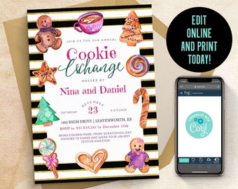 Può includere: Un invito festivo per uno scambio di biscotti, con illustrazioni ad acquerello di biscotti, una tazza di cioccolata calda e un albero di Natale. Il testo "Cookie Exchange" è incluso.