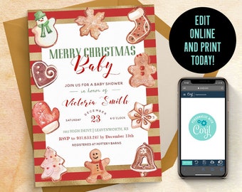 May include: A rectangular Christmas baby shower invitation featuring red and gold horizontal stripes, decorated with watercolour gingerbread cookies, a snowman, and a mitten. The text reads Merry Christmas Baby, Victoria Smith, December 23, and RSVP details.