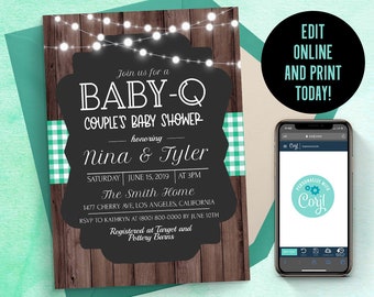 May include: A rectangular baby shower invitation featuring a dark wood background, string lights, and a black central panel with white text reading BABY-Q COUPLE'S BABY SHOWER honoring Nina & Tyler, plus a smartphone displaying an editing interface.