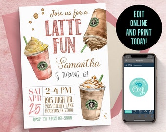 Bearbeitbare Latte Fun Einladung | Kaffee-Einladung, hübsche Einladung, Cafe-Einladung, Kaffee-Einladung, Latte-Einladung