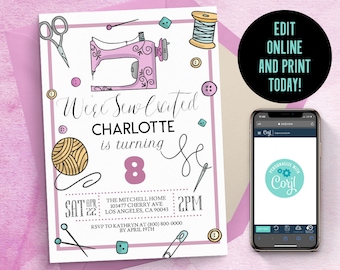 May include: A personalized birthday invitation with a sewing theme. The invitation features a pink sewing machine, scissors, and buttons. The text reads "Wire Sew Created" and "Charlotte is turning 8". A smartphone displays a website.