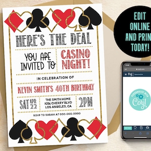 Editable Poker Invitation Template, Casino Invitation, Poker Party, Poker Birthday, Vegas Invitation, Poker Theme, Spade Invitation