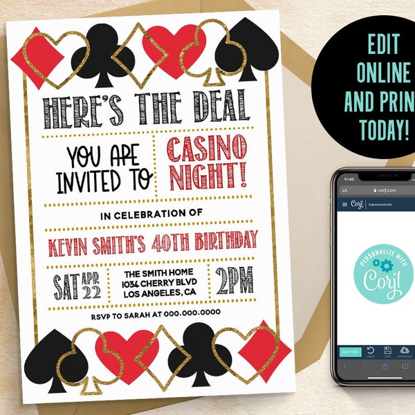 Editable Casino Birthday Invitation: Poker Party Theme (Digital Download)