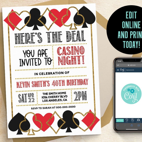 Editable Poker Invitation Template, Casino Invitation, Poker Party, Poker Birthday, Vegas Invitation, Poker Theme, Spade Invitation