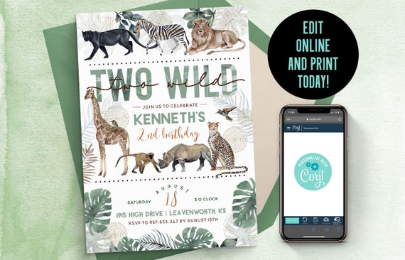 Two Wild Birthday Invitation | Two Wild Invitation, Safari 2nd Birthday, Zoo Party Invite, Wild Animal Invite, Zoo Animal Invite