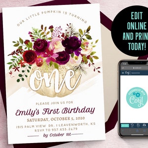 May include: A birthday invitation card featuring a white pumpkin topped with deep red and pink floral arrangements. The text reads Our Little Pumpkin Is Turning one, Emily's First Birthday, Saturday, October 5, 2020, and RSVP to 937.633.2479.