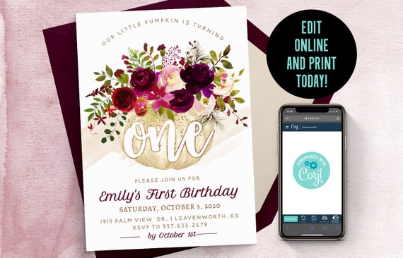First Birthday Editable Pumpkin Invite | Burgundy Pumpkin, Our Little Pumpkin, White Pumpkin Invite, Fall 1st Birthday
