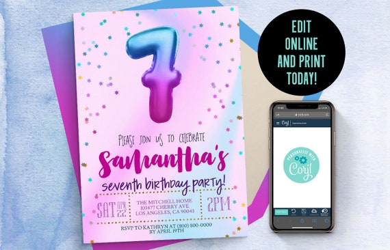 Editable 7th Birthday Invite | Unicorn Invite, Pink Confetti Invite, Pink Blue Invitation, Ombre Invite, Blue Pink Invite, Seven Invitation
