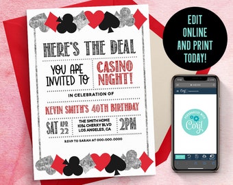 Op de afbeelding: Casino Night-uitnodiging met een rood en zwart thema. De uitnodiging bevat de tekst "Here's the Deal, You are Invited to Casino Night!" en details voor de 40e verjaardag van Kevin Smith. Een smartphone toont een website met de tekst "Personaliseer met Cory!"