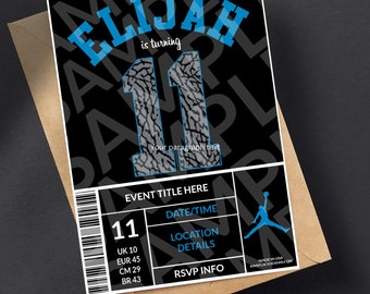 May include: A printable birthday invitation featuring the name "ELIJAH" in blue, with the number "11" in a gray elephant print design. The invitation includes event details and a Jordan logo on a black background.