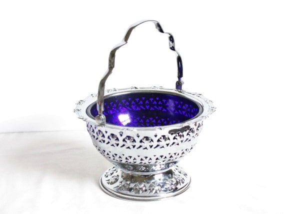 Vintage Cobalt Blue Glass And Metal Basket Blue Glass Bon Etsy etsy