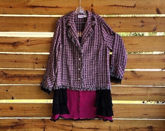 1X 2X plus size jacket pink plaid eco clothing, refashion, restyle, upcycle, boho, romantic, lagenlook, cottage chic