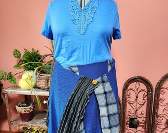 1X 2X 3X plus size dress tunic blue plaid sweater wrap restyled eco clothing altered refashioned upcycled boho unique trendy edgy lagenlook