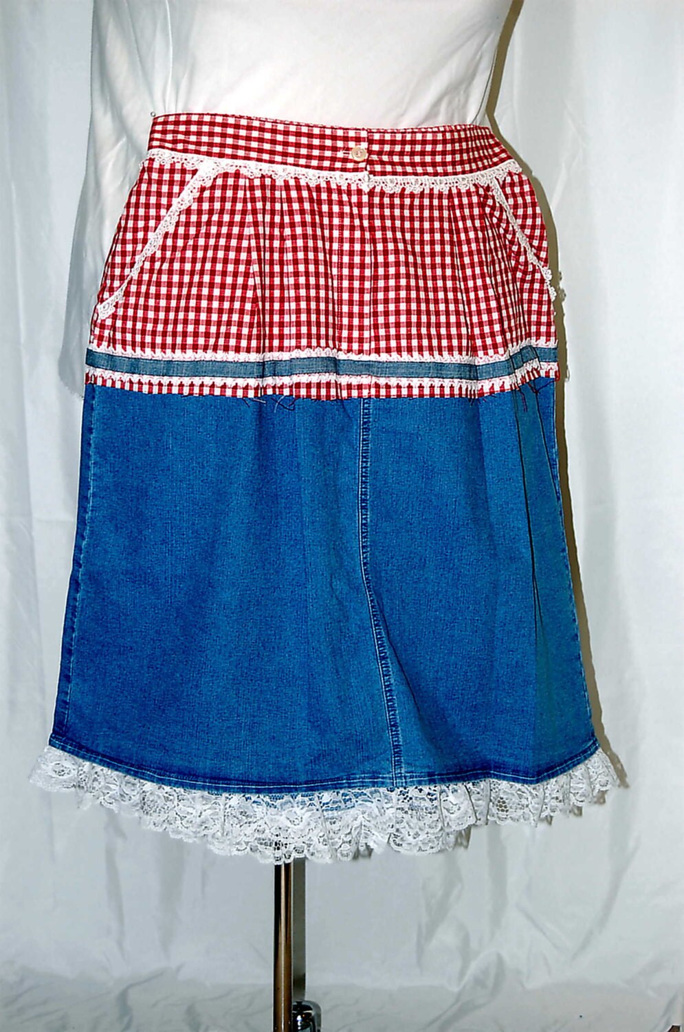 L XL Plus Size Skirt Demin Red Checkered Restyled Lace Boho Etsy