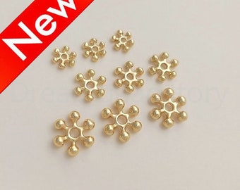 10-500 Pcs Snowflake Spacer Beads, 14K Real Gold Plated Small Charm Connector Beads (4.5/ 6/ 8mm)