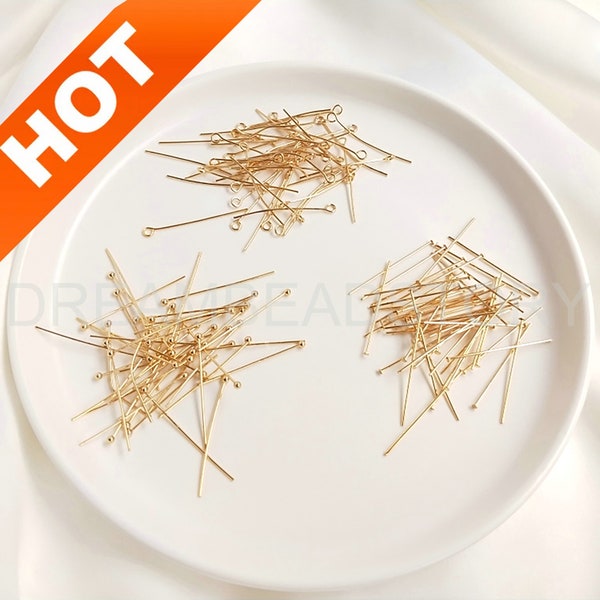 50-500Pcs Gold Headpins for Jewelry Making 14K Gold Plated Ball Head Pin/Flat Headpin/Eye Pins Finding 24 Gauge 20 30 40 50mm Lots Wholesale