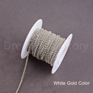 Peut inclure: Une bobine de cha&icirc;ne argent&eacute;e, avec une bobine en plastique blanc. La cha&icirc;ne est une cha&icirc;ne fine &agrave; maillons d&eacute;licats. Le texte "White Gold Color" est imprim&eacute; sous la bobine.