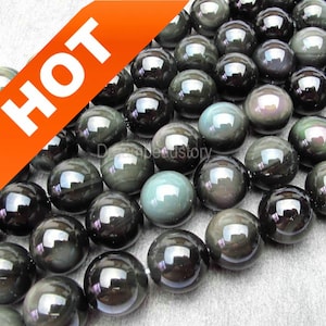 Rainbow Obsidian Beads, Natural Round Black Obsidian Beads with Double Rainbow Eye, 8 10 12 14 16 18mm DIY Black Stone Beads Supplies (B59)