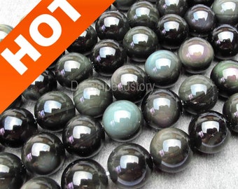 Rainbow Obsidian Beads, Natural Round Black Obsidian Beads with Double Rainbow Eye, 8 10 12 14 16 18mm DIY Black Stone Beads Supplies (B59)