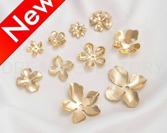 Flower Beads Cap Lots Supplies, 14K Real Gold Plated Over Brass Floral End Cap Finding (10 Styles)