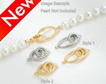 Pearl Jewelry Clasp Lots Supplies, Secure Connector Clasp Accessories, 14K Real Gold Plated Over Brass Double Loop Closure Finding (3 Style)