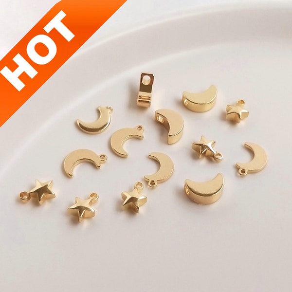 10-500 Pcs Gold Jewelry Making Charms Bulk Online Wholesale 14K Real Gold Plated Crescent/ Star Charm Mini Pendant Finding