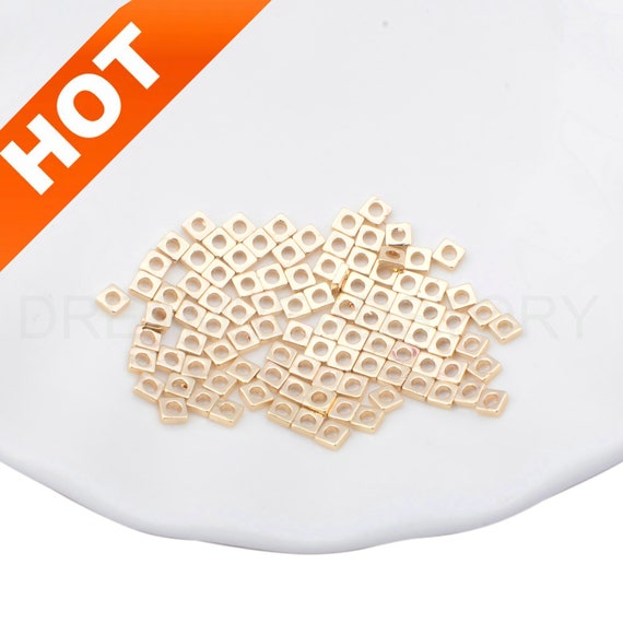 50-1000 Pcs Tiny Small Spacer Beads, 14K Real Gold Plated Mini Square Disc Beads (2mm/ 3mm)